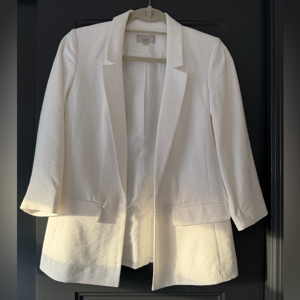 LOFT White Open-Front Three-Quarter Sleeve Blazer